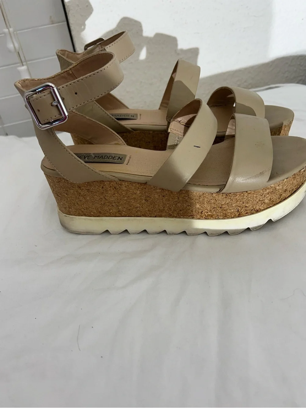 Steve Madden Beige Cork Platform Sandals with Ankle Buckle
